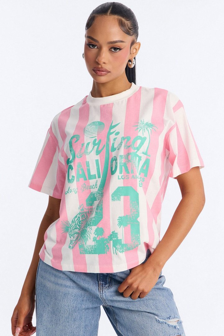 Surfing In California Stripe T Shirt - Pink/combo
