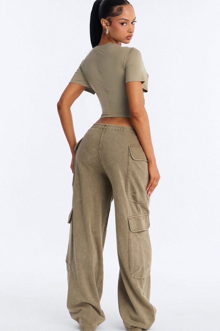 Mila Washed Cargo Pant Set - Olive