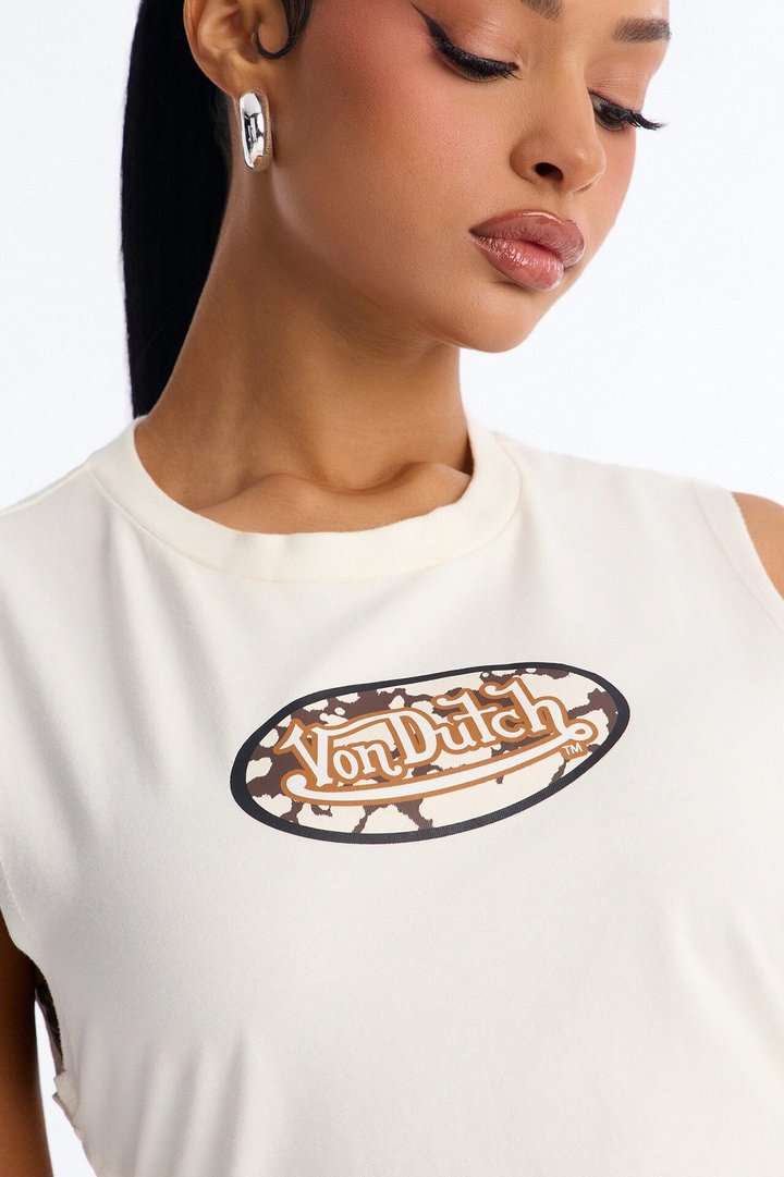 Von Dutch Cow Print Patch Side Grommet Tank - Ivory