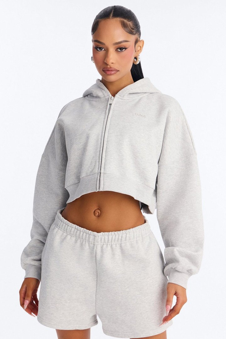 Libby Boxy Crop Zip Hoodie Fleece Sweatshirt - Heather Grey