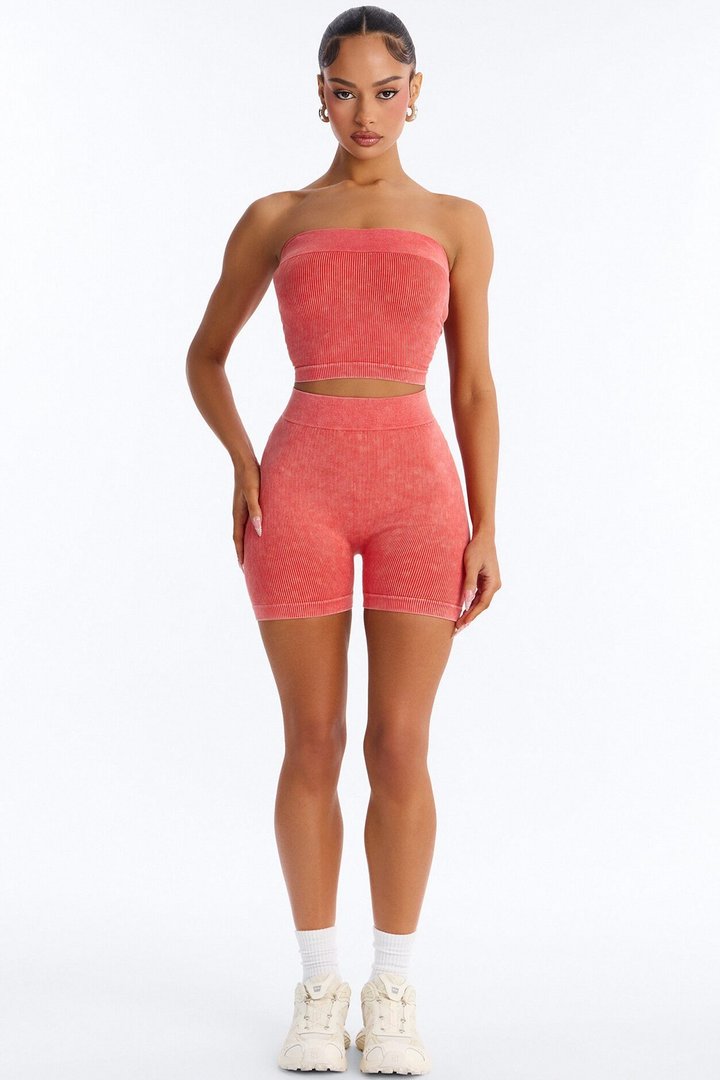 Off Duty Mineral Washed Strapless Short Set - Tomato Red