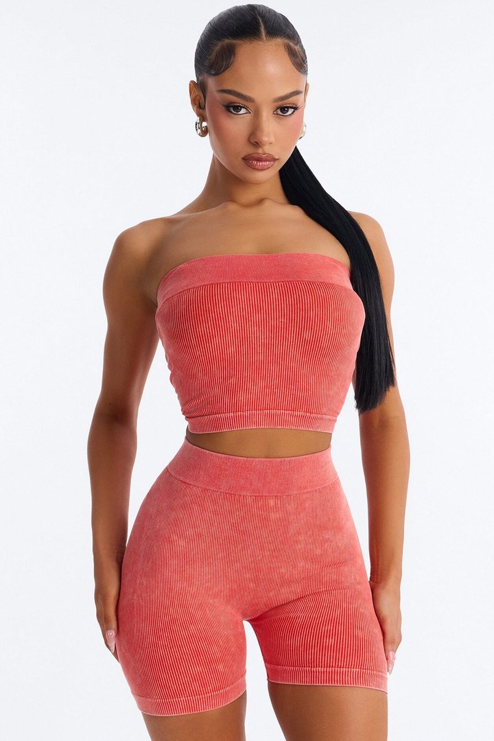 Off Duty Mineral Washed Strapless Short Set - Tomato Red