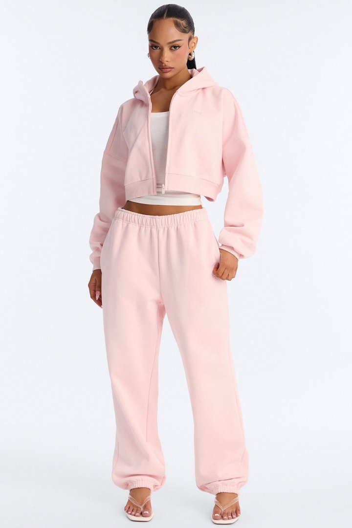 Libby Boxy Crop Zip Hoodie Fleece Sweatshirt - Pink