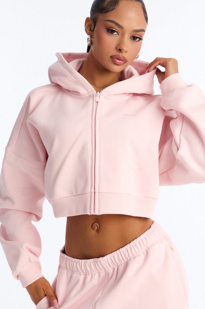 Libby Boxy Crop Zip Hoodie Fleece Sweatshirt - Pink
