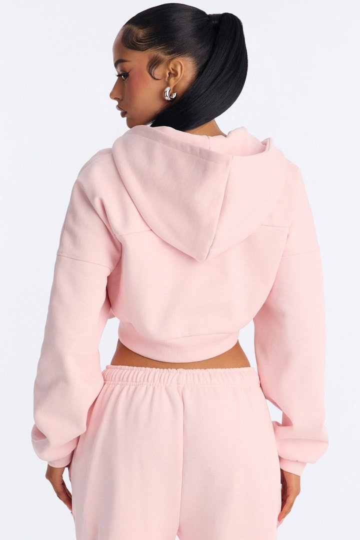Libby Boxy Crop Zip Hoodie Fleece Sweatshirt - Pink