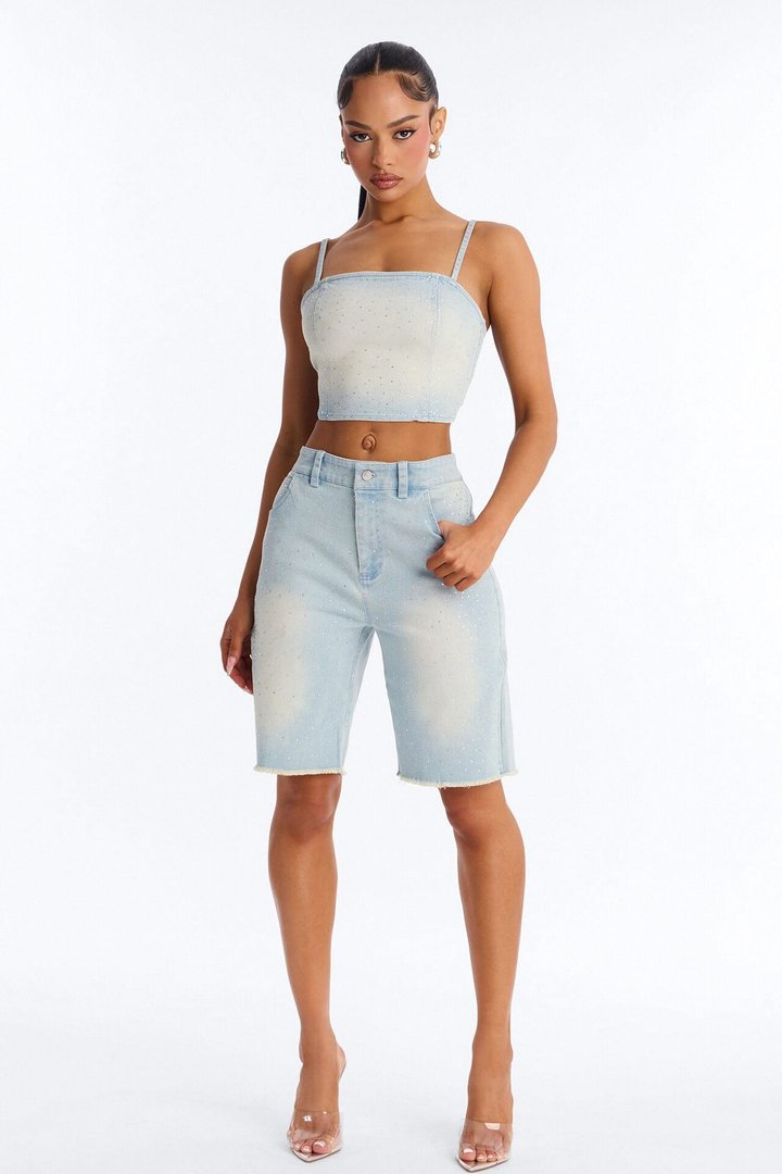 Breanna Rhinestone Denim Short Set - Light Blue Wash