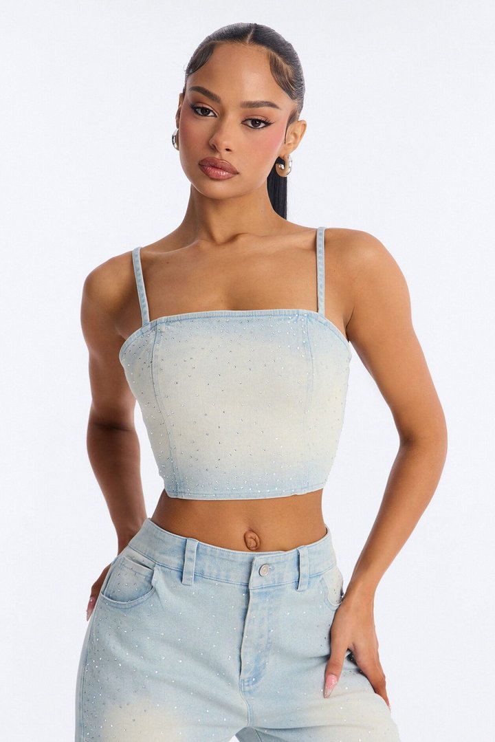 Breanna Rhinestone Denim Short Set - Light Blue Wash