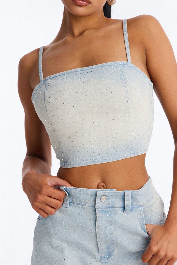 Breanna Rhinestone Denim Short Set - Light Blue Wash