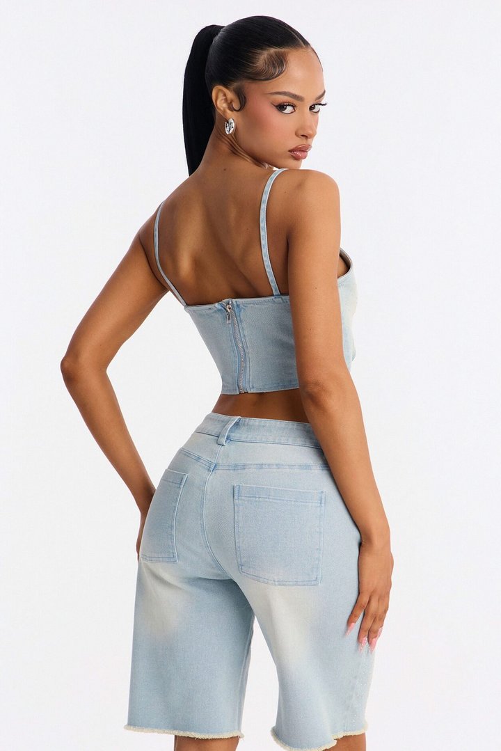 Breanna Rhinestone Denim Short Set - Light Blue Wash