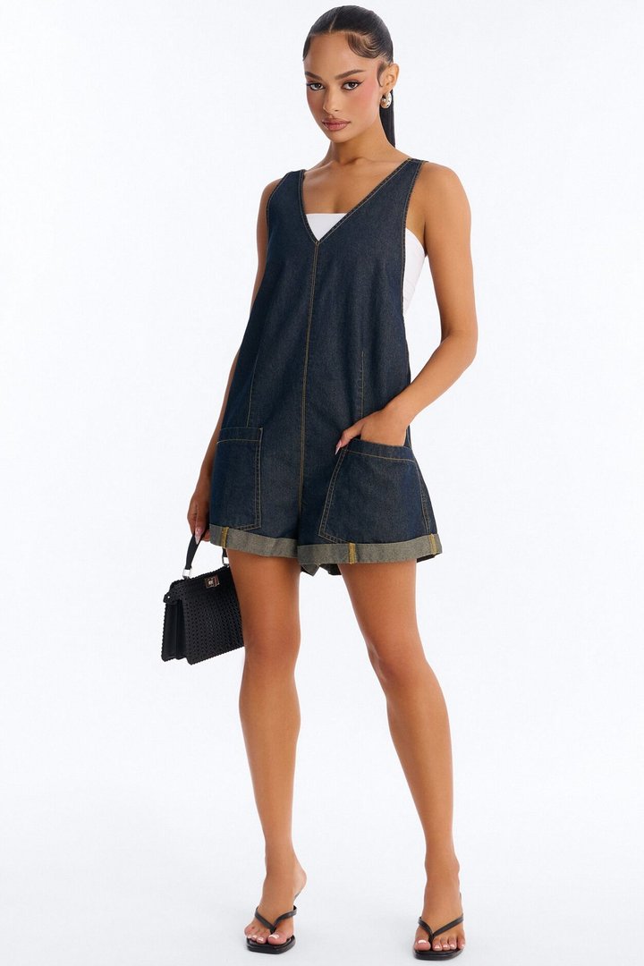 Janie Low Back Denim Romper - Dark Denim