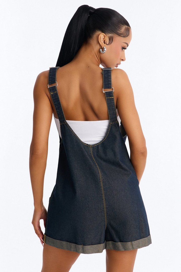 Janie Low Back Denim Romper - Dark Denim