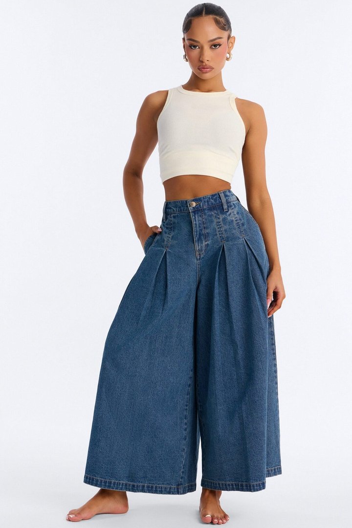 Roma Pleated Denim Culotte Jeans - Dark Wash