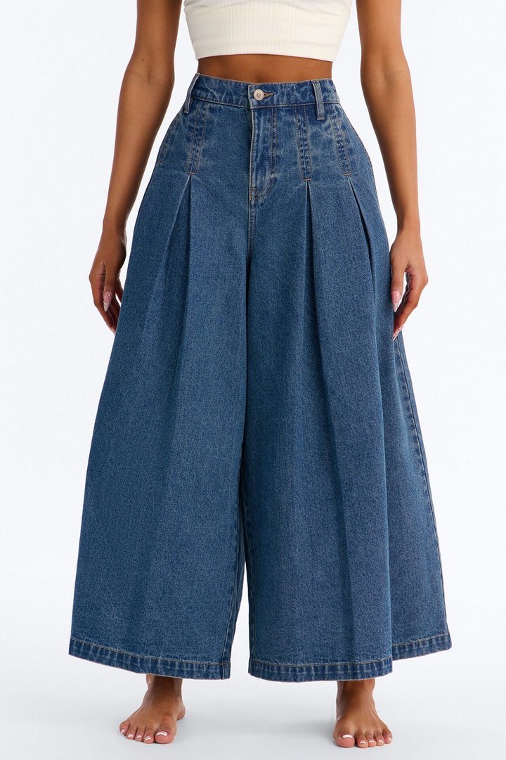 Roma Pleated Denim Culotte Jeans - Dark Wash
