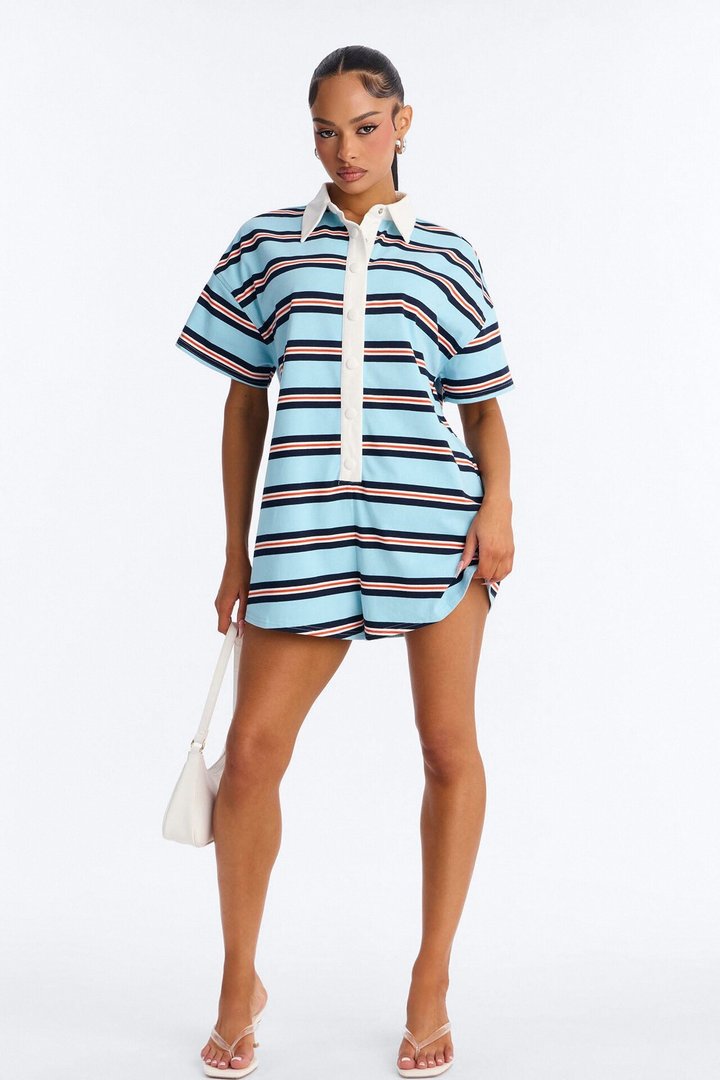 Kyla Short Sleeve Striped Polo Romper - Blue