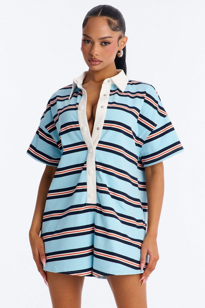 Kyla Short Sleeve Striped Polo Romper - Blue