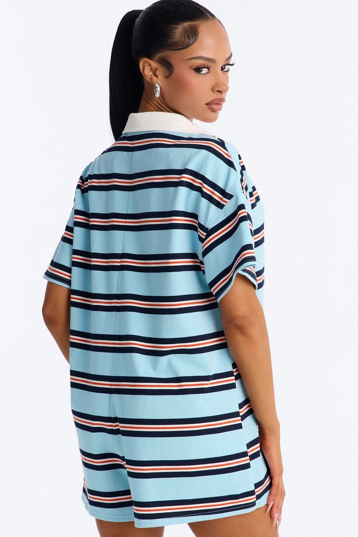 Kyla Short Sleeve Striped Polo Romper - Blue