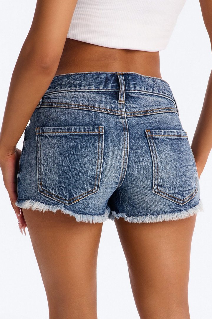 Bear With Me Charm Fray Hem Denim Shorts - Dark Wash