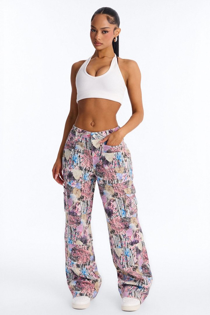 Bree Floral Camo Stretch Cargo Straight Leg Jeans - Camouflage
