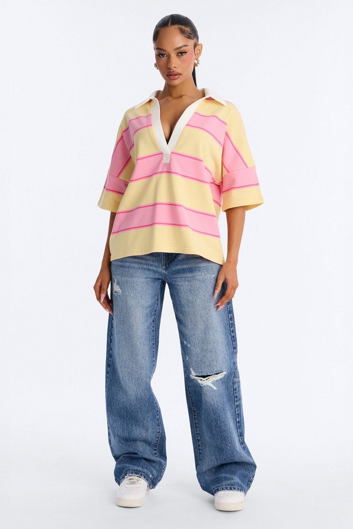 Emerson Striped Short Sleeve Polo Top - Yellow/combo