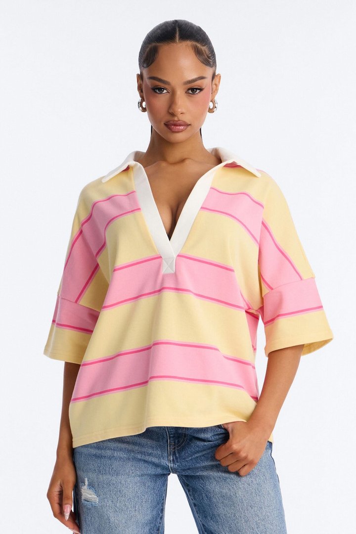 Emerson Striped Short Sleeve Polo Top - Yellow/combo