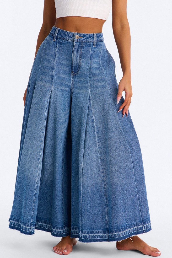 Milano Pleated Denim Culotte Jeans - Medium Wash