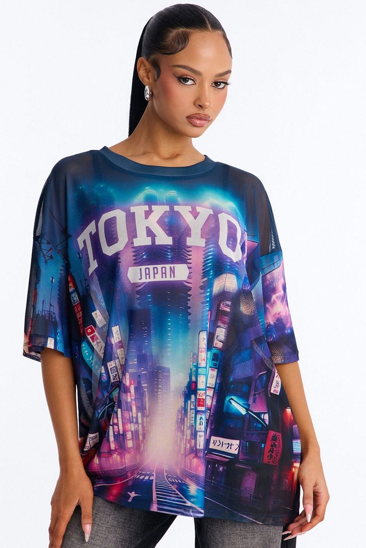Tokyo Japan Mesh Tee - Navy/combo