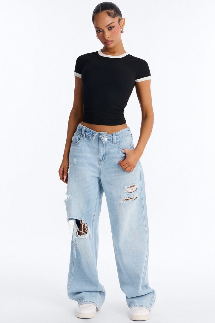 Evelyn Contrast Binding Baby Tee - Black