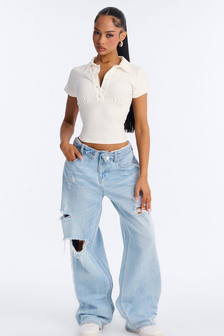 Parker Cinched Waist Short Sleeve Collared Top - White