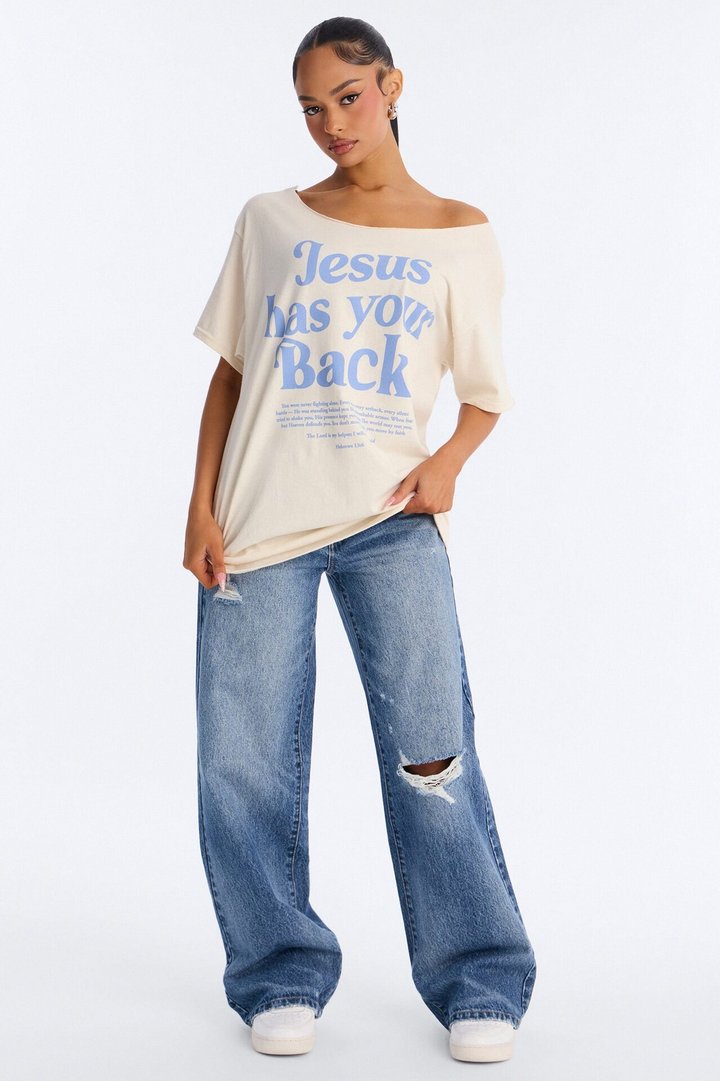 Jesus Has My Back Off Shoulder Tee - Natural