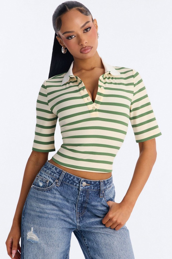 Regina Short Sleeve Polo Top - Green/combo