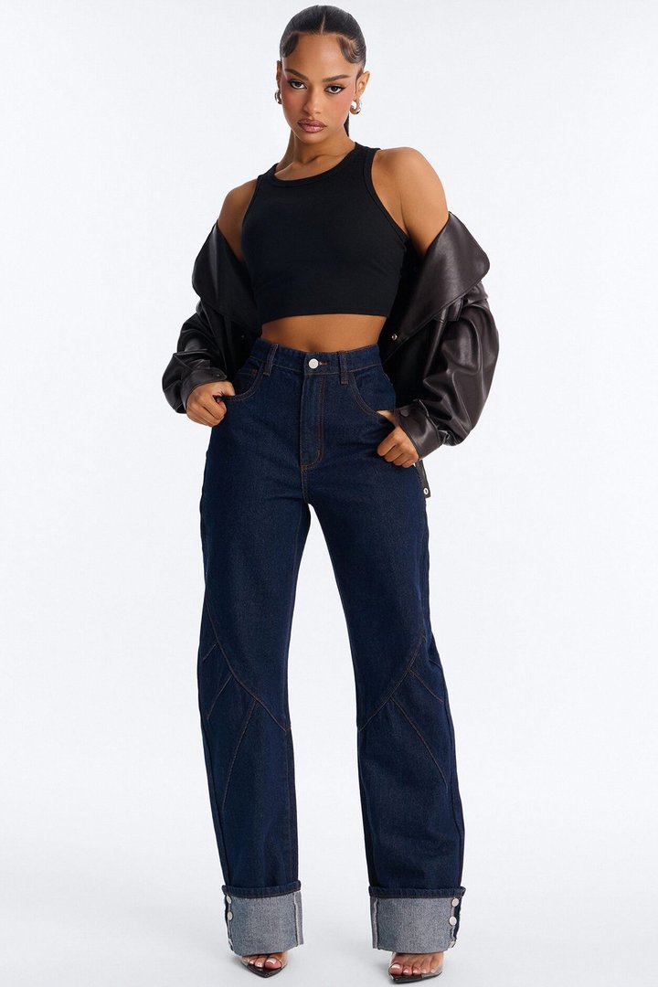 Turn It Up Cuffed Non Stretch Straight Leg Jeans - Dark Denim