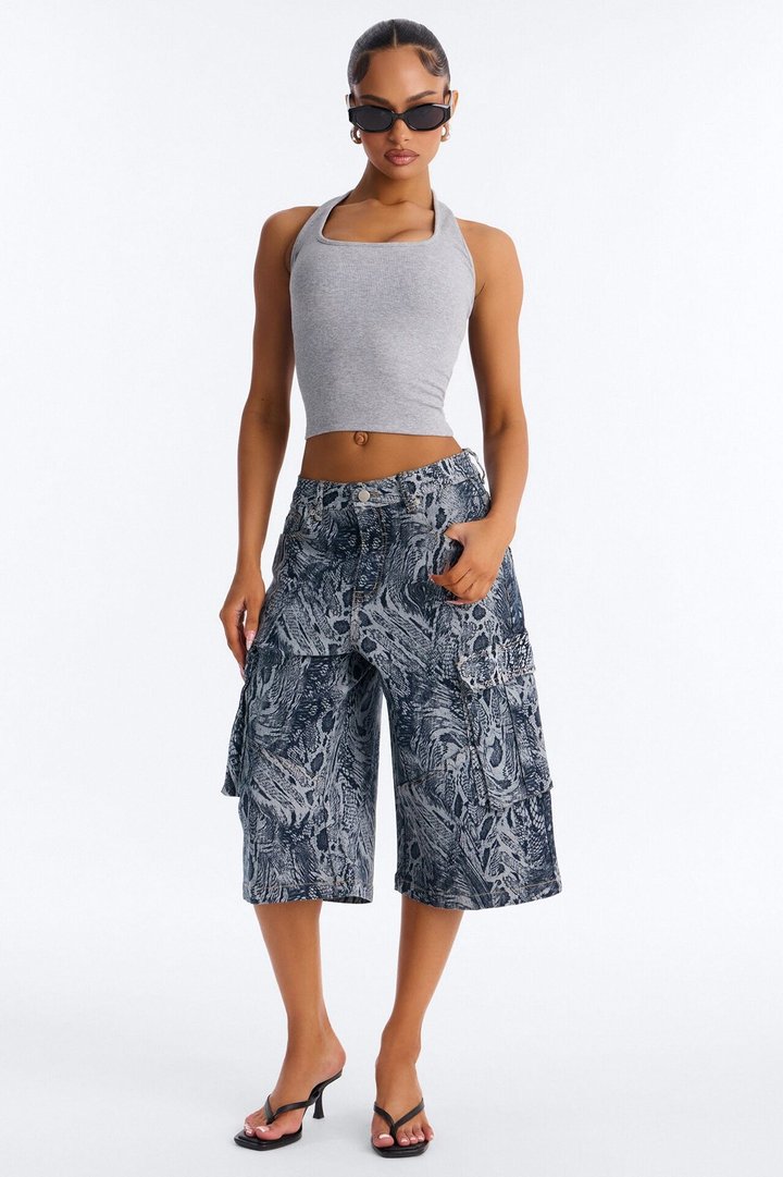 Sneaky Link Snake Print Cargo Denim Jorts - Blue/combo