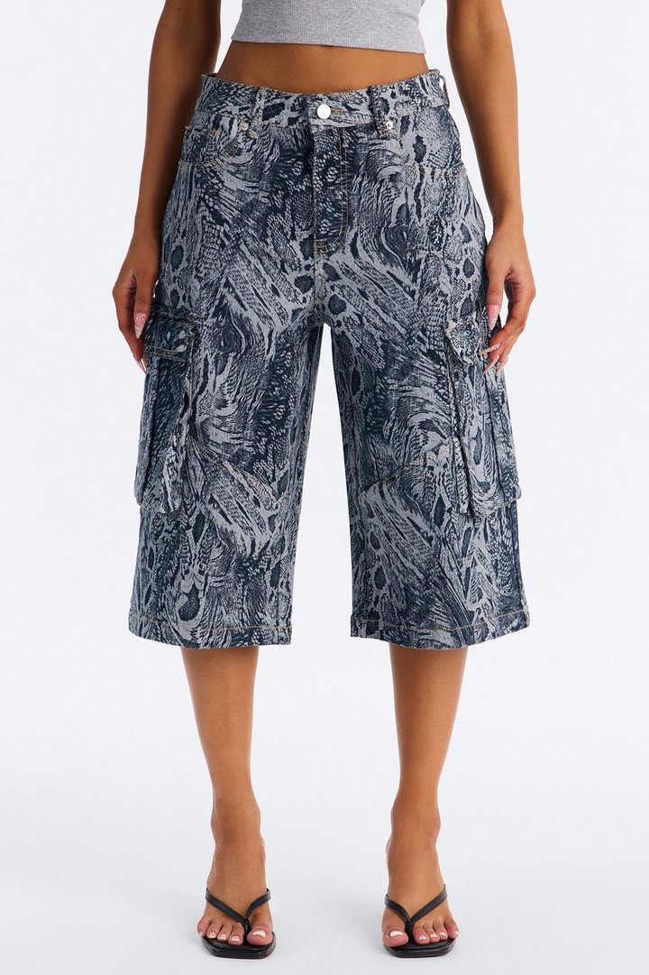 Sneaky Link Snake Print Cargo Denim Jorts - Blue/combo