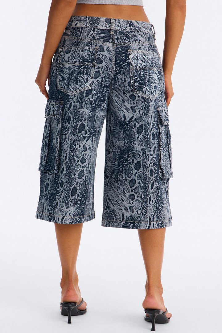 Sneaky Link Snake Print Cargo Denim Jorts - Blue/combo