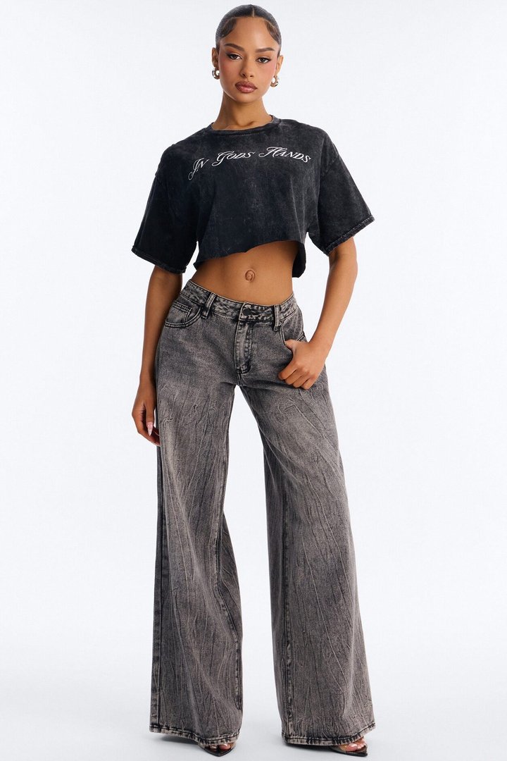 In God's Hands Washed Crop Tee - Black Wash