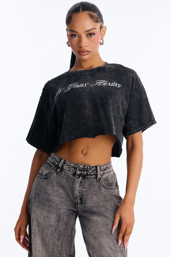 In God's Hands Washed Crop Tee - Black Wash