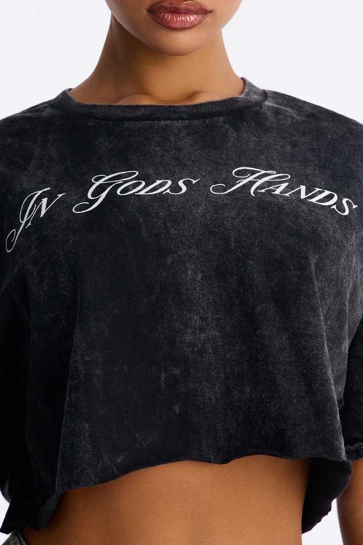 In God's Hands Washed Crop Tee - Black Wash