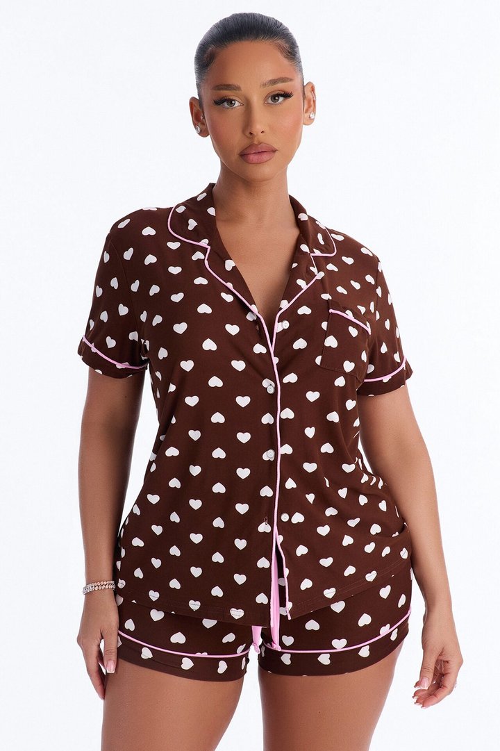 Snuggle Me Button Up PJ Short Set - Brown/combo