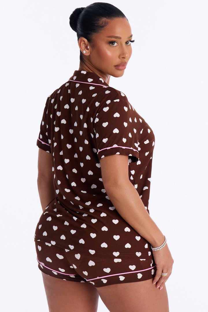 Snuggle Me Button Up PJ Short Set - Brown/combo
