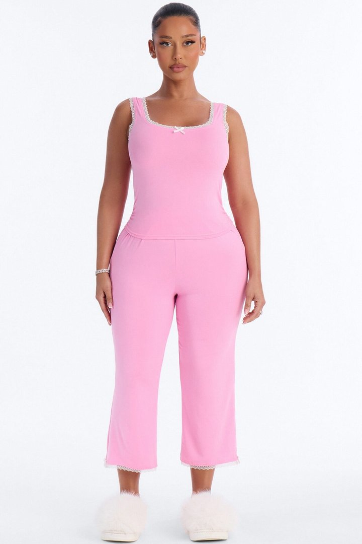 Stay With Me Lace Trim PJ Capri Pant Set - Pink