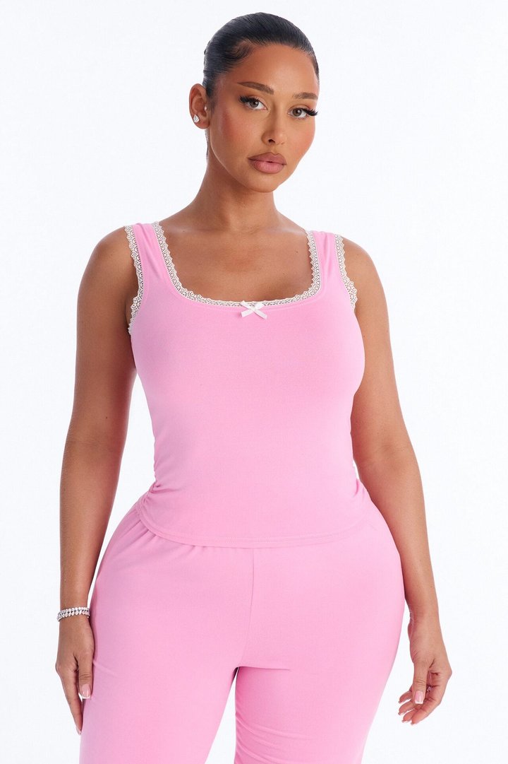 Stay With Me Lace Trim PJ Capri Pant Set - Pink
