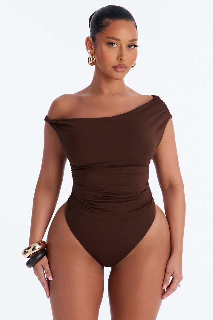 Kylie Off Shoulder Bodysuit - Brown