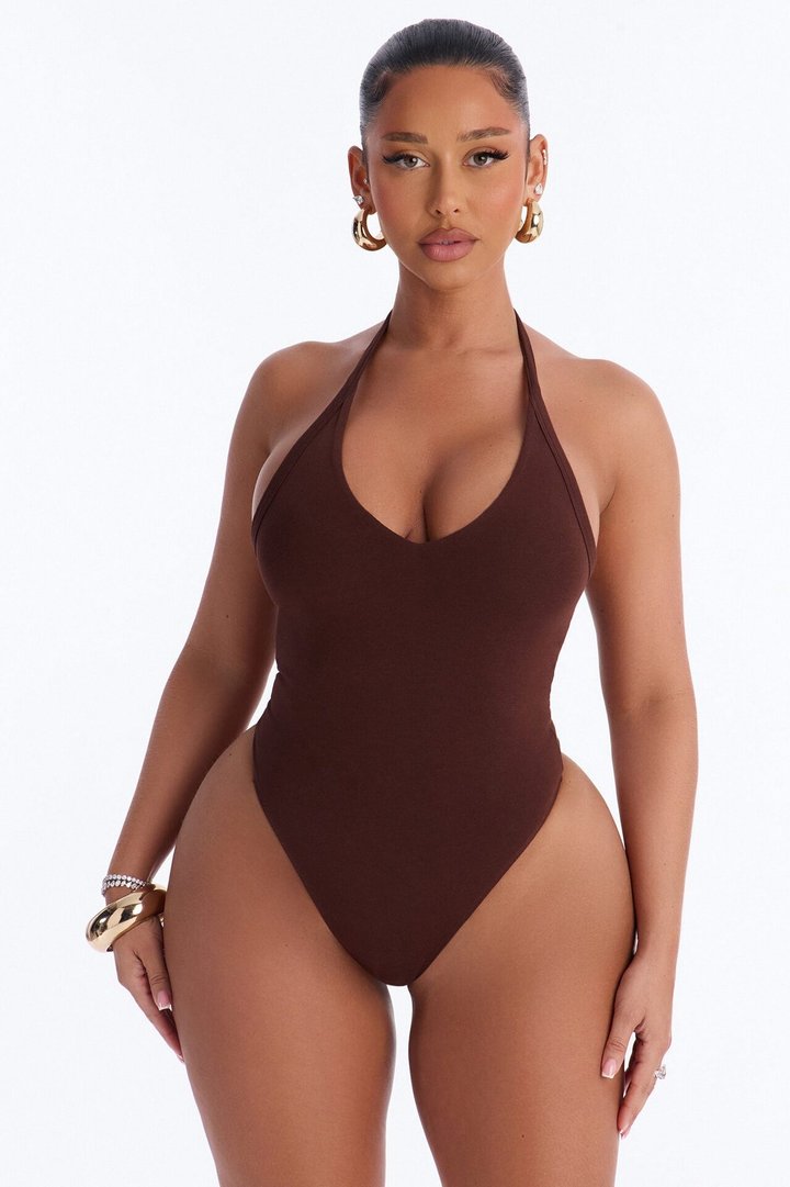 Nora Double Lined Halter Bodysuit - Brown