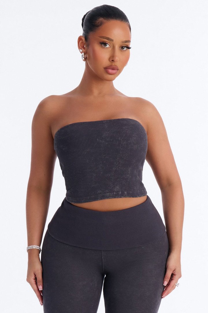 Reanna Strapless Ribbed Capri Set - Charcoal