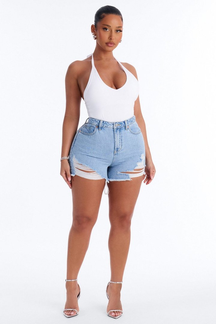 Truth Be Told Ripped Non Stretch Denim Shorts - Light Blue Wash