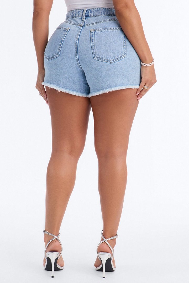 Truth Be Told Ripped Non Stretch Denim Shorts - Light Blue Wash