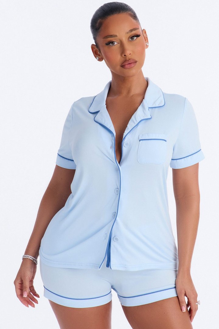 Dreamy Darling Button Up PJ Short Set - Ice Blue