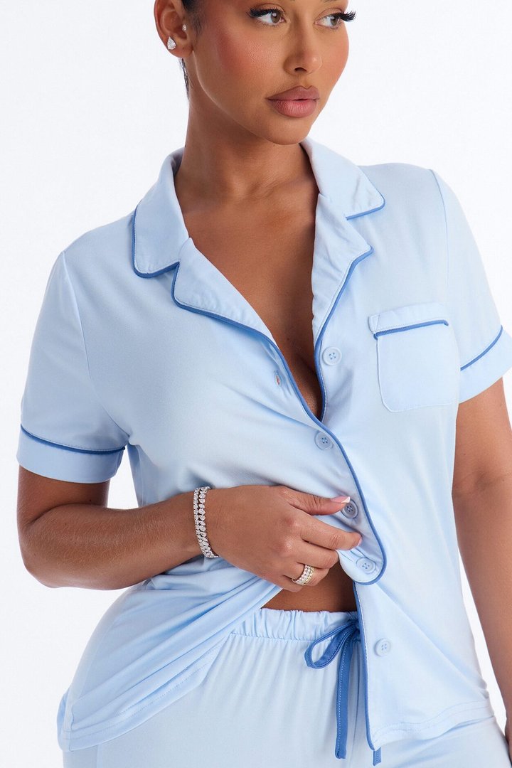 Dreamy Darling Button Up PJ Short Set - Ice Blue