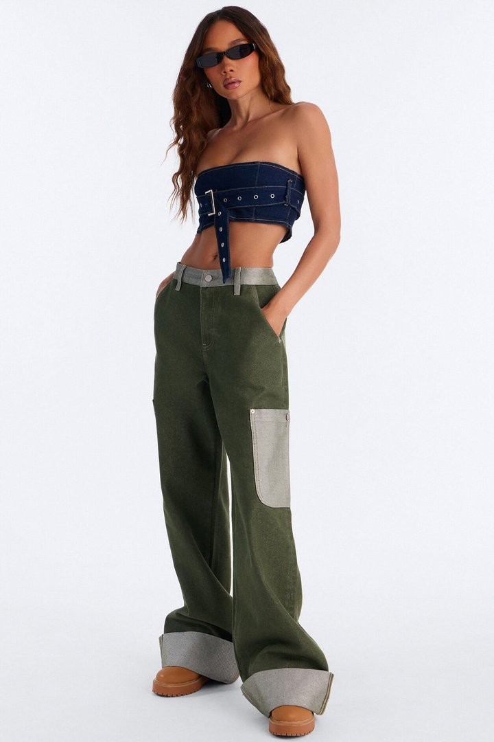 Main Character Always Belted Strapless Denim Top - Dark Wash