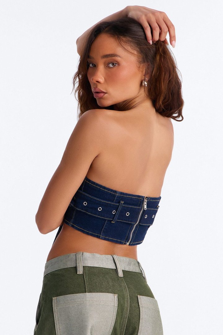 Main Character Always Belted Strapless Denim Top - Dark Wash